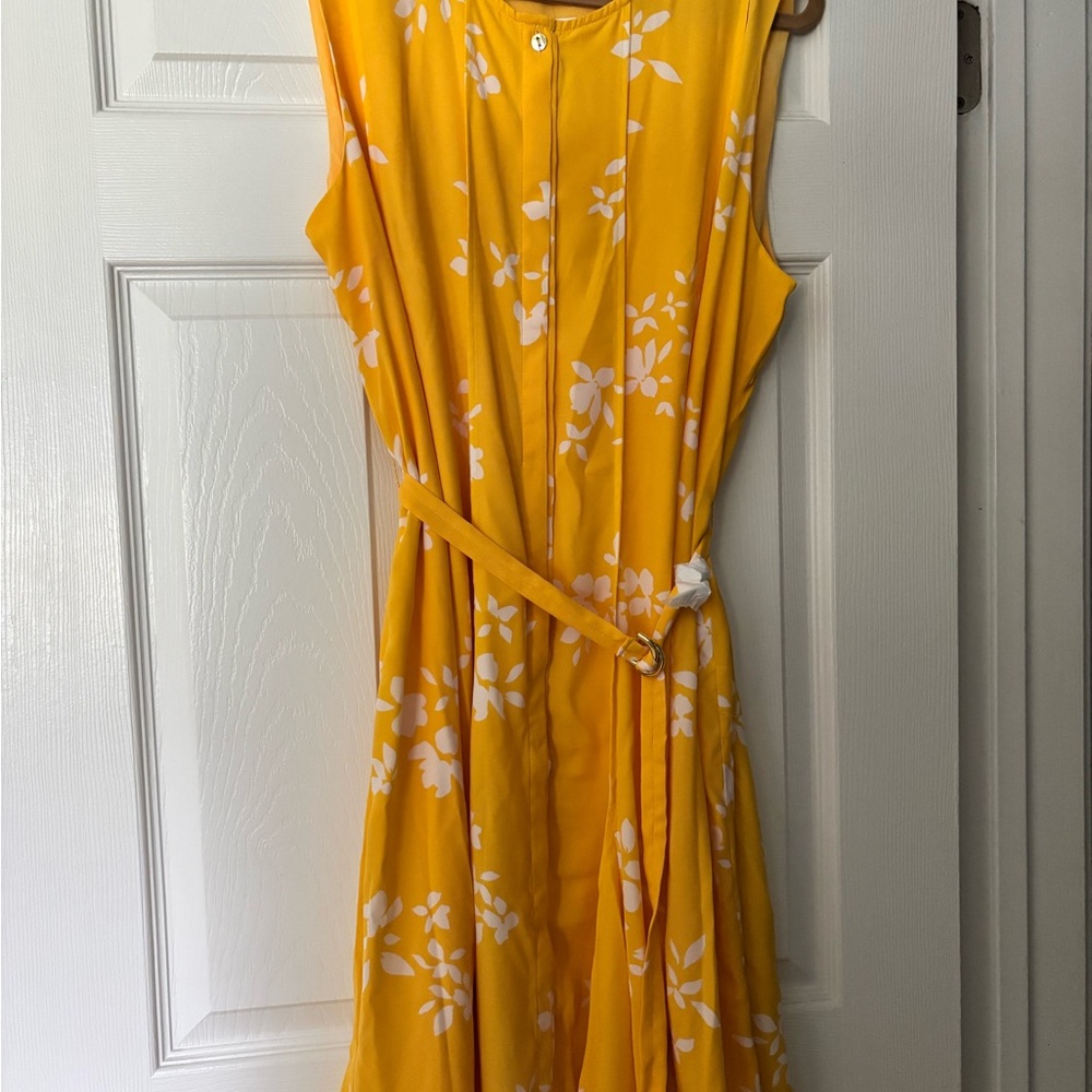Ann Taylor Yellow Floral Sleeveless, Belted Flare Dress